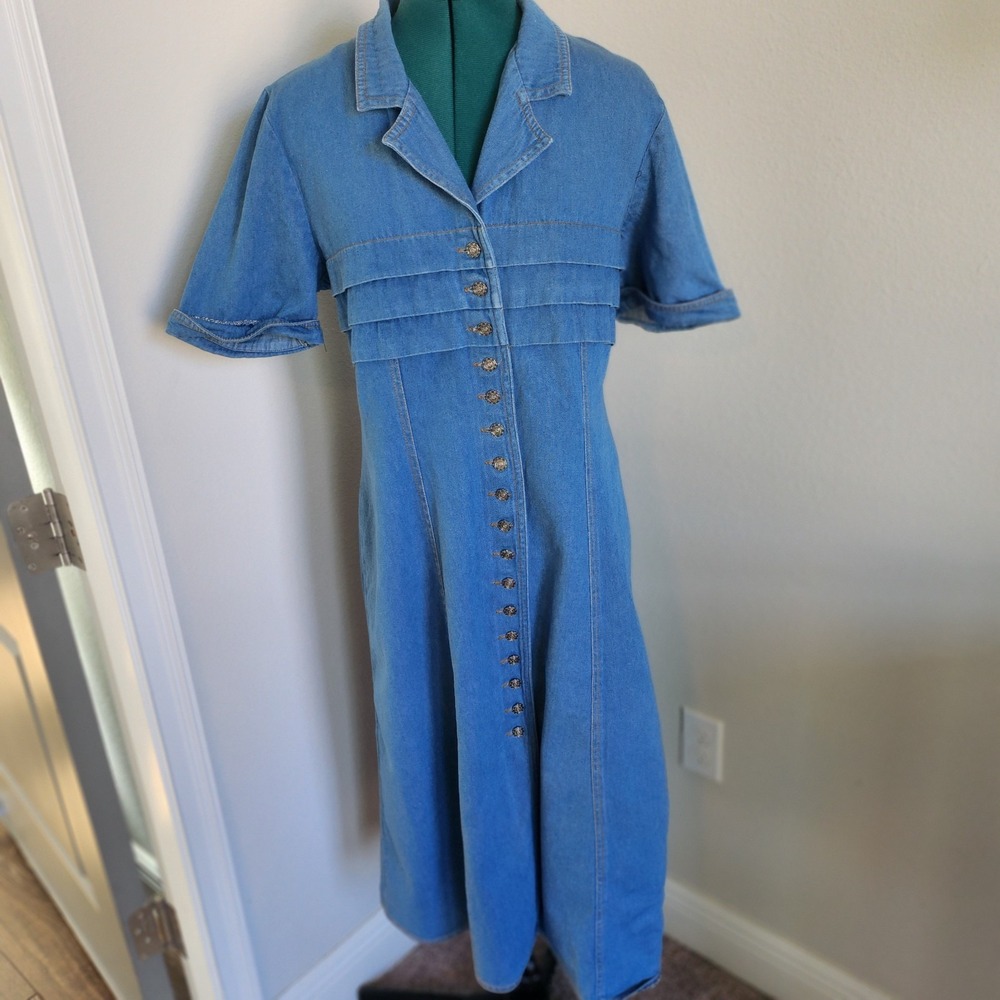 Manikin Denim Midi Dress Womens Size Large Blue Vintage A-Line Button Up